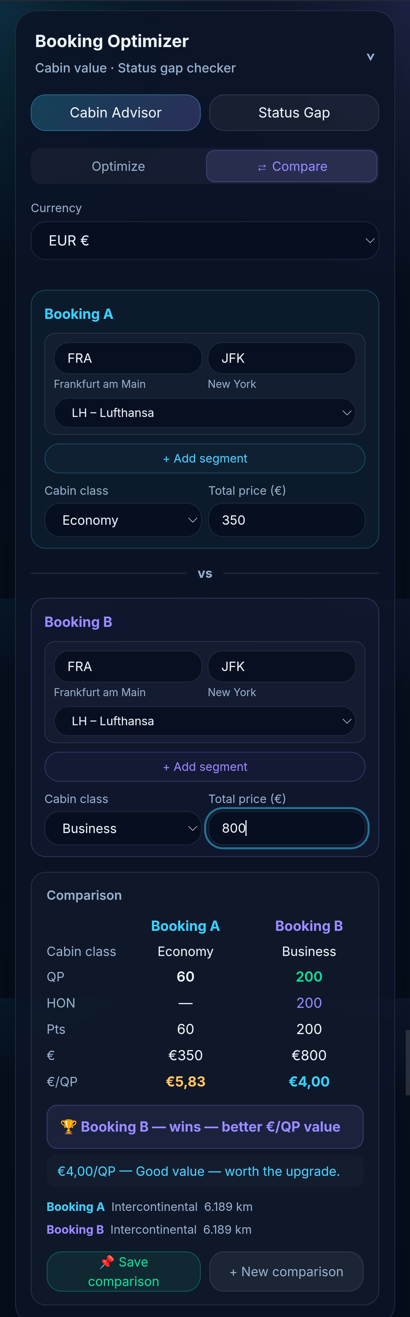 Cabin advisor comparing two bookings side-by-side